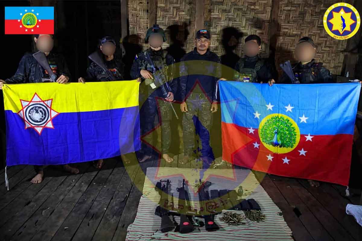 ဓာတ်ပုံ - မတ်လ ၁ ရက် နည်းပညာတက္ကသိုလ်အရှေ့ ပစ်ခတ်မှုအတွင်း သိမ်းဆည်းရမိသည့် လက်နက်ပစ္စည်းများနှင့် DNLA တပ်ဖွဲ့ဝင်များ။ Photo - ဒူရကစစ်ကြောင်း။